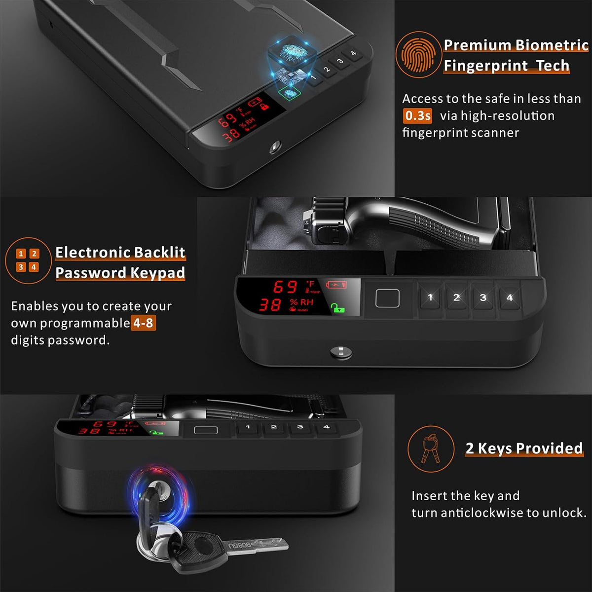 Z ZLJUAN Portable Biometric Gun Safe - LCD Display, Fingerprint & Keypad Lock | Black, Ideal for Travel & Home