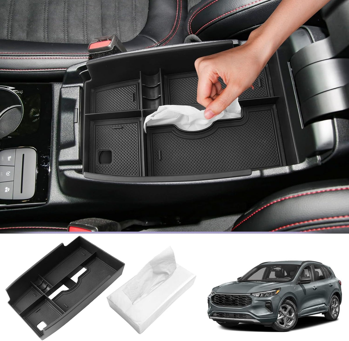 LUWU Ford Center Console Organizer Compatible with Ford Escape (2020-2025), Ford Bronco Sport (2021-2025) Console Organizer Tray Armrest Storage w/Tissue Box 2025 Ford Escape Bronco Sport Accessories