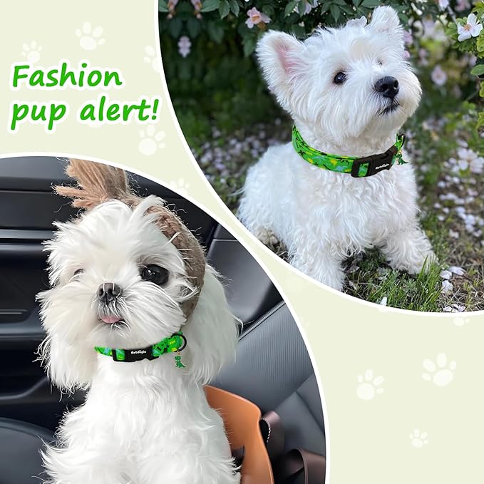Dinosaur Dog Collar，Green with Multicolor Dino Pattern Handmade Cotton Collar for Small Medium Large Dogs, Adjustable & Comfortable Puppy Collar for Daily Walks, Park Adventures or Photos-L