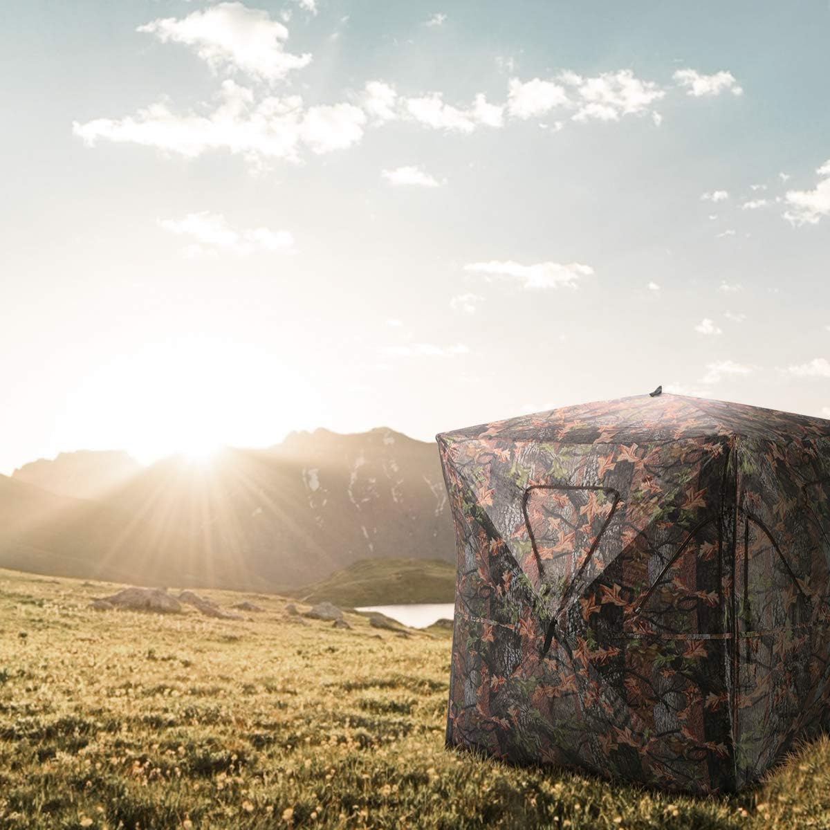 Tangkula 3 Person Pop up Ground Blind, Portable Hunting Blind with Mesh Windows, Carrying Bag & Ground Stakes, Camouflage Hunting Tent with Hub System, Camo Deer Blinds for Hunting