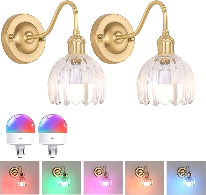 Vintage Battery Operated Wall Sconce Set of 2, 5000mAh Rechargeable Wall Light, Indoor Battery Powered Wall Lamp for Bedside Bedroom Living Room, Tulip Clear