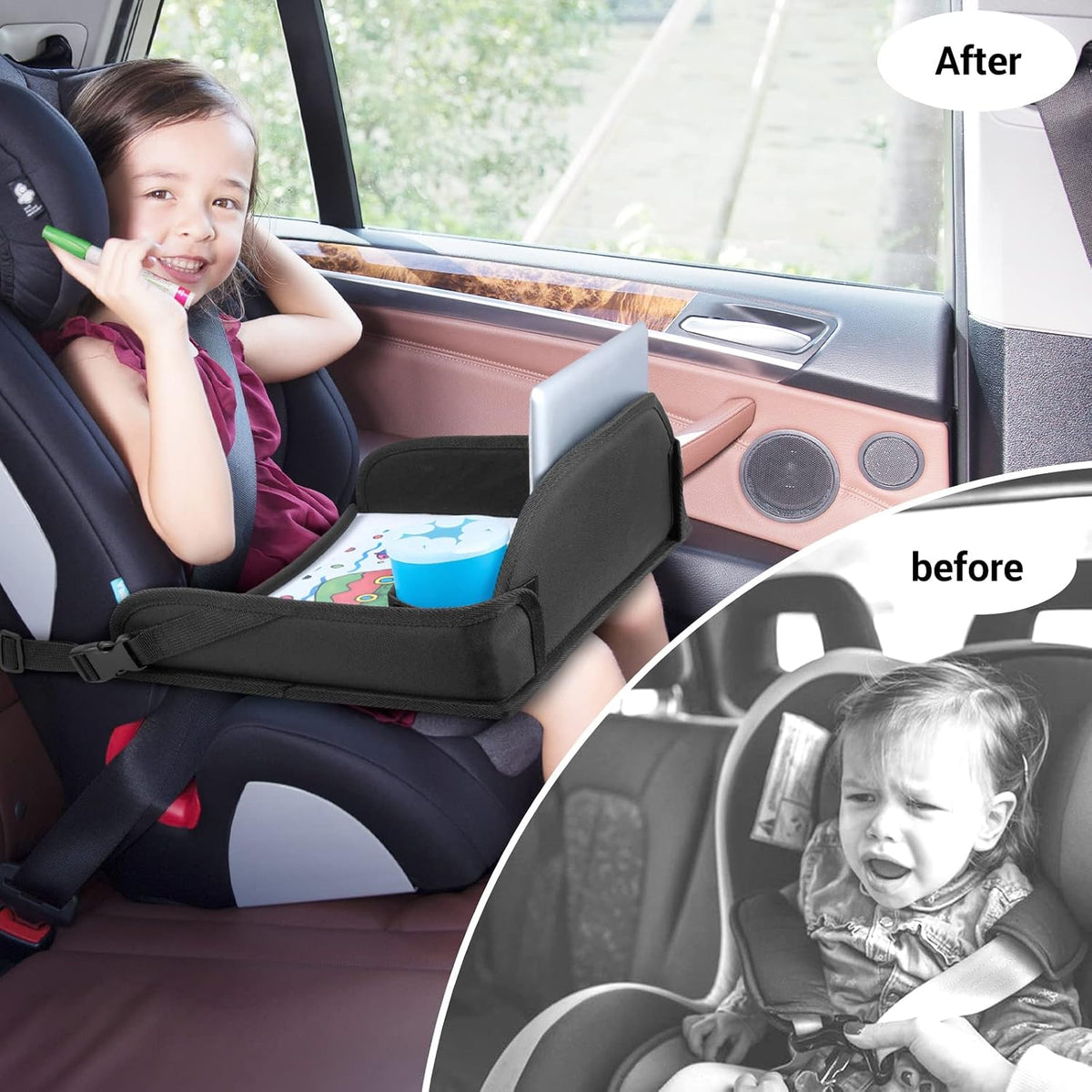 COOLBEBE Kids Travel Tray for Toddler Car Seat, Travel Tray for Airplane, Toddler Car Seat Lap Tray, Carseat Table Tray for Kids Travel Activities (Black -2PCS)