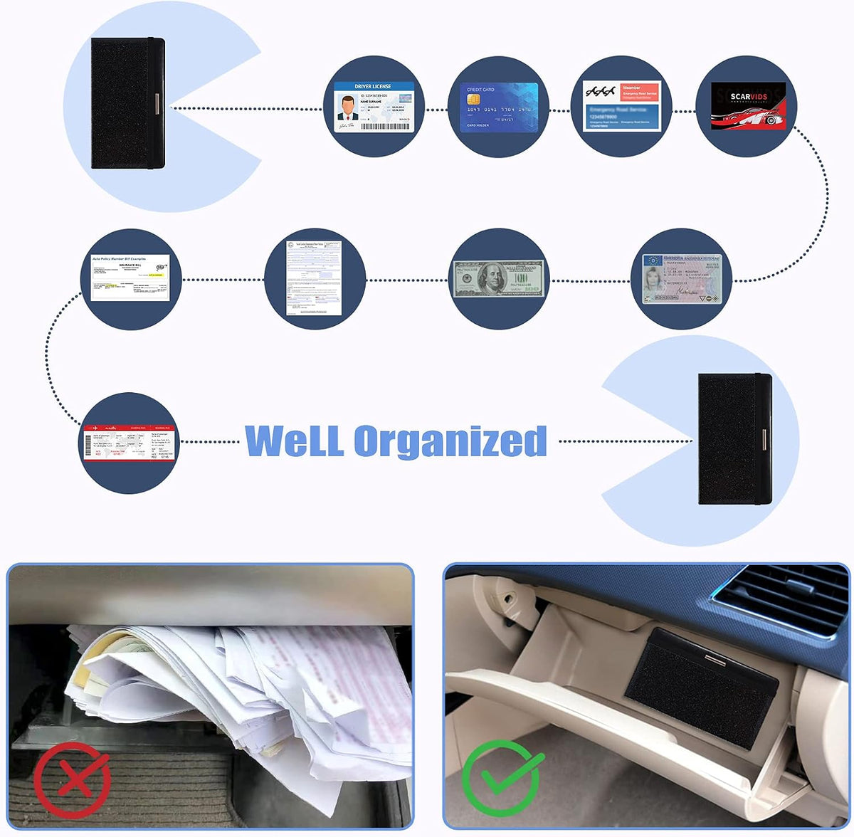 Caweet Car Registration and Insurance Holder Vehicle Glove Box Organizer Leather Document Holder for Driver's License, ID, Key Information Cards with Elastic Band Closure, Glitter Black