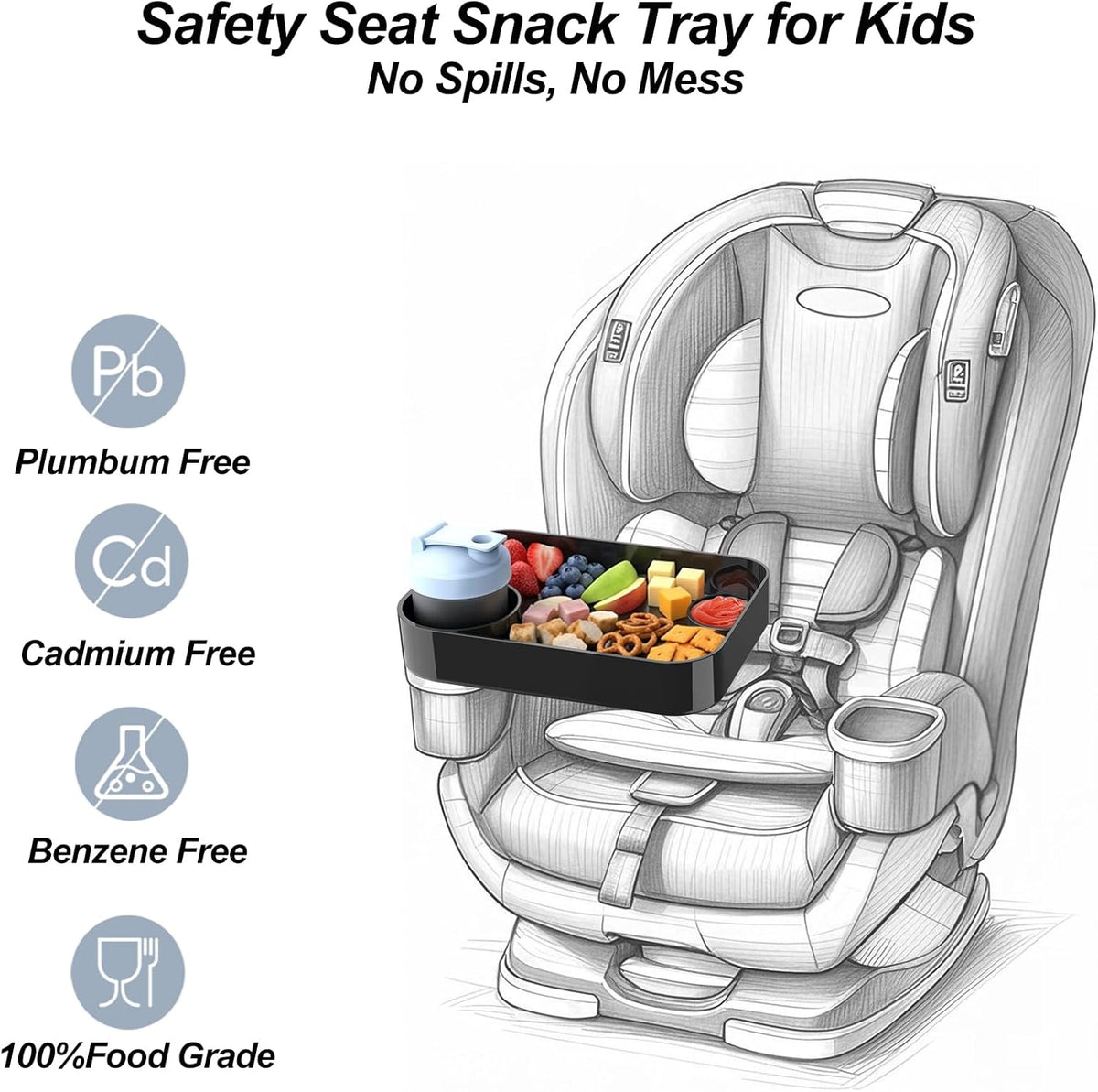 Car Seat Snack Tray for Kids, Mess-Free Square Travel Tray Cup Holder Snack Tray, Durable Car Food Tray for Toddlers, Fit Kids Travel Road Trip Essentials (1, Black)