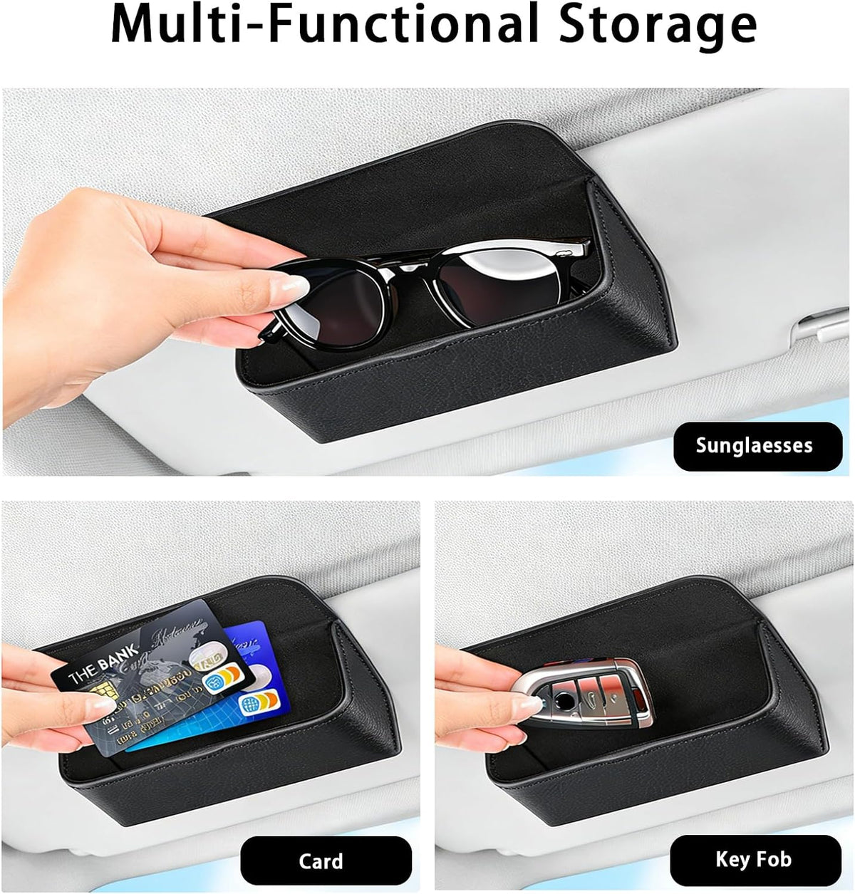 Universal Car Sunglasses Holder for Sun Visor, Premium Magnetic Leather Eyeglass Hanger Clip & Visor Organizer, Large Capacity Car Interior Accessories Fit for Women Men Beige