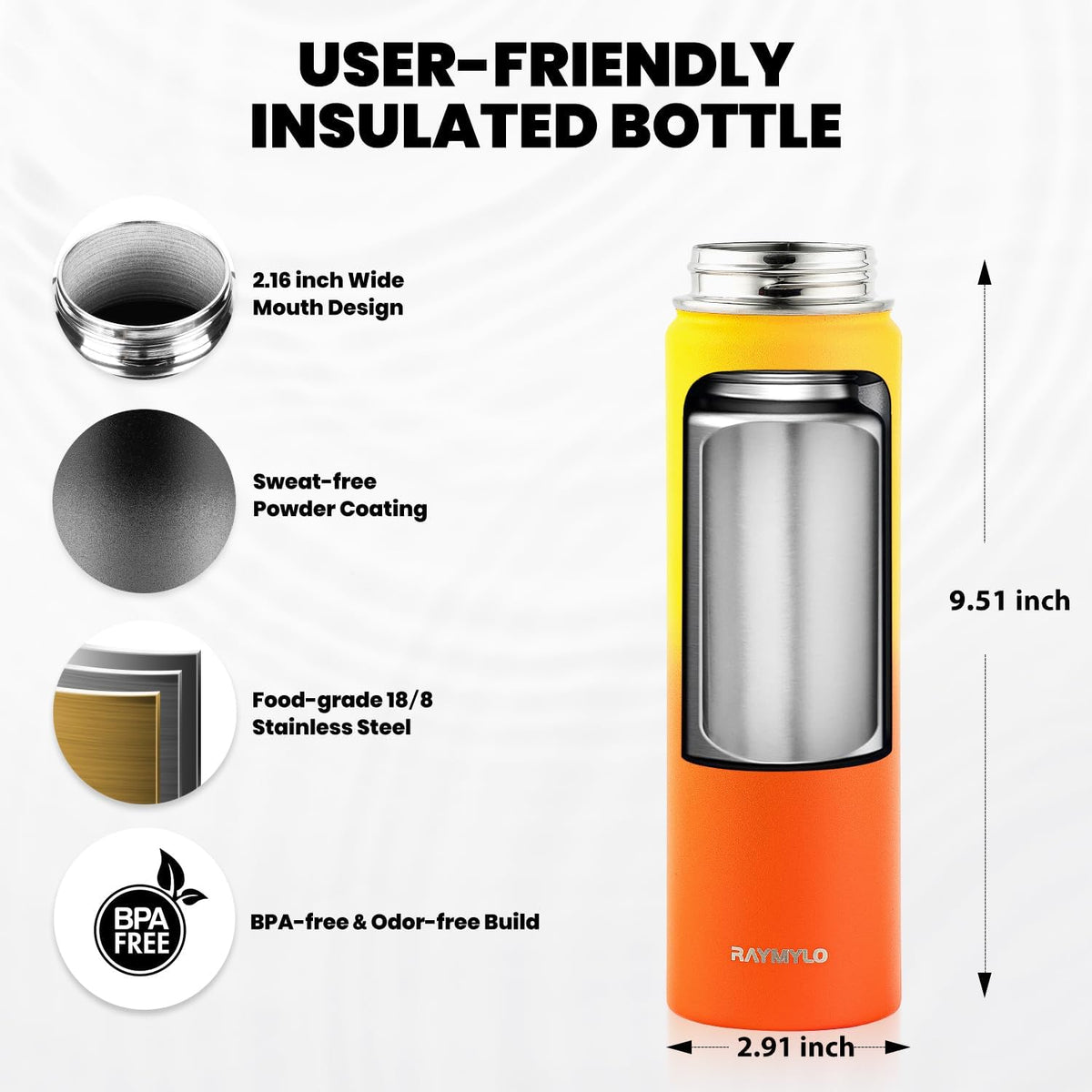 RAYMYLO Insulated Water Bottle - 20 oz Triple Wall Vacuum Stainless Steel | Keeps Drinks Cold for 24Hrs, Hot for 12Hrs