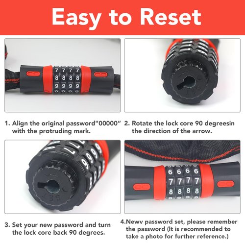 Bike Chain Lock, 4-Digit Resettable Combination Heavy Duty Anti-Theft Bicycle Chain Lock with Protective Sleeve, Security Chain for Bike, E-Bike, Scooter, Motorcycle, 2ft/3ft/3.6ft/4.3ft