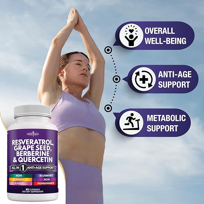 NEW AGE Resveratrol, Berberine, Grape Seed Extract, Quercetin, Polyphenol Supplement for Women and Men with Noni Extract, N-Acetyl Cysteine, Acai Extract - 120 Capsules