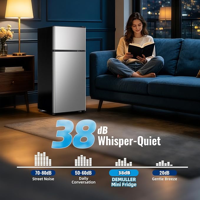 Mini Fridge with Freezer Ample Capacity 2.6 Cubic Feet Small Refrigerator with Top Freezer & 7 Adjustable Temperature 2 Door Small Fridge for Office, Dorm, Bedroom Silver