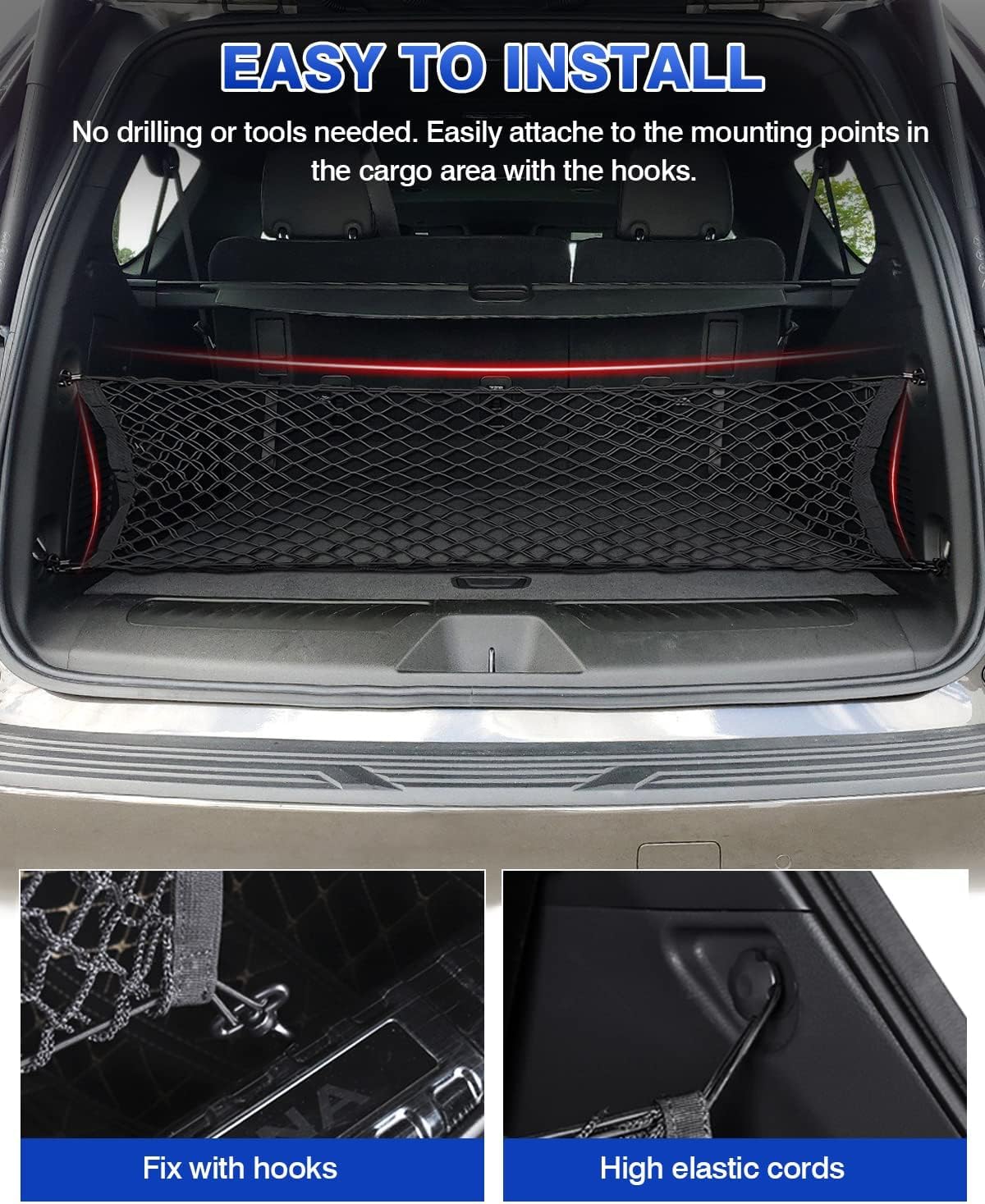 Karltys Envelope Style Cargo Net for 2021-2025 2026 Chevy Tahoe/Suburban/GMC Yukon Accessories, Adjustable Rear Trunk Cargo Net for Chevrolet Tahoe, Heavy Duty Elastic Netting Organizer for Yukon
