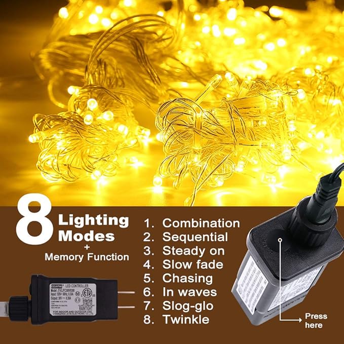 Christmas String Lights - 220 LED 25m/82ft 8 Modes End-to-End Plug in Indoor/Outdoor Waterproof Decorative Fairy Twinkle Lights String for Tree/Wedding/Thanksgiving Day/Patio/Room/Home - Warm White