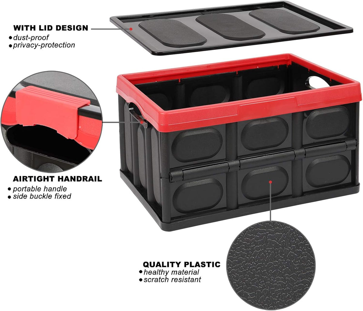 Phyllia 28L-Black Plastic Storage Crates, Pack of 2 Collapsible Plastic Crates Bins Basket, Stackable Storage Boxes Container with Lid for Car Home Office Kitchen Clothes Shoes