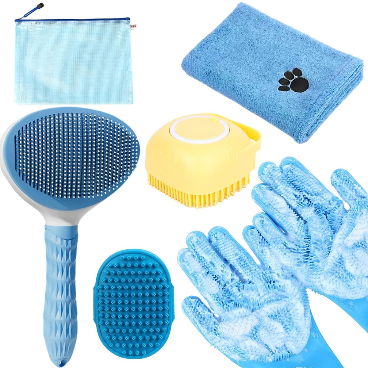 Skiennix Bath Grooming Kit - 6-in-1 Slicker Brush, Towel & Scrubber Gloves for Shedding Dogs & Cats | Blue