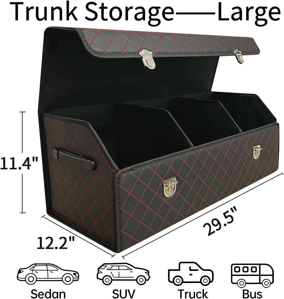 Car Trunk Organizer with Lid,Foldable Faux Leather Cargo Storage Box,3 Compartments,Collapsible Multi-Functional for SUV,Sedan,Vehicle Trunk