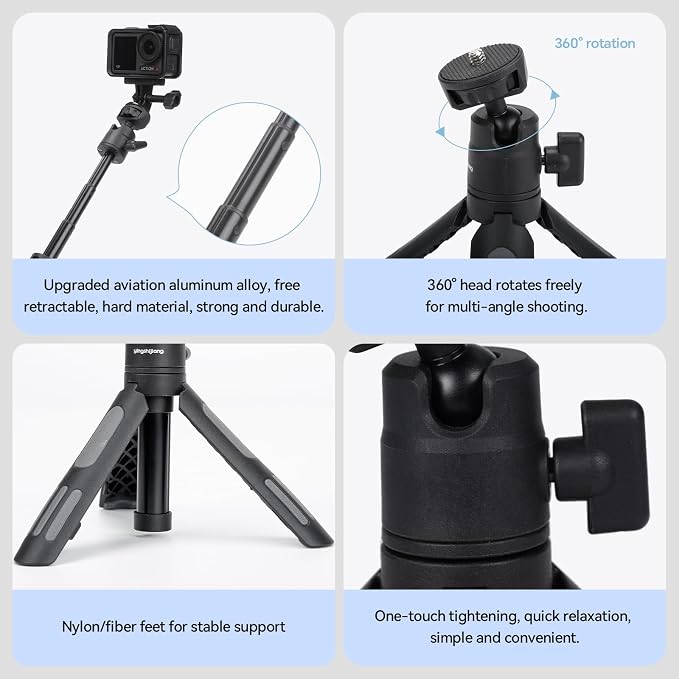 Lightweight Mini Tripod for Camera/Phone/Webcam & Selfie Stick, 360° Phone Clip