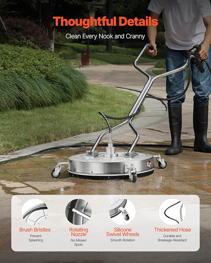 VEVOR 24 Inch Pressure Washer Surface Cleaner, 4000 PSI Stainless Steel Attachment with 4 Wheels, 2 Nozzles, 3/8 Inch Quick Connect and Dual Handle for Concrete, Patio, Sidewalk