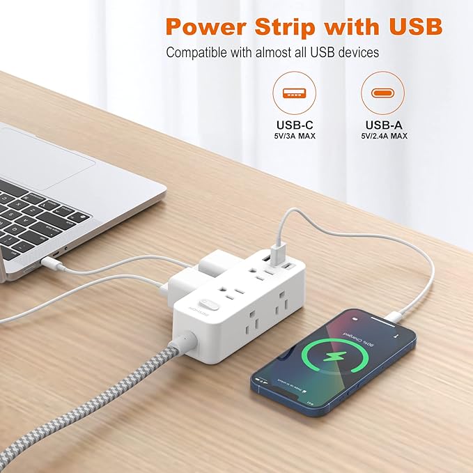 Extension Cord 20FT, BESHON Power Strip Surge Protector, 6 Outlets with 3 USB Ports(1 USB C Outlet), 3-Side Outlet Extender, Wall Mount, Compact for Travel, Home, College Dorm Room, and Office
