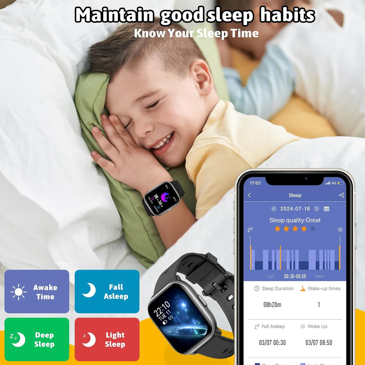 Skiennix Kids Smartwatch - 20 Sport Modes, Pedometer & Sleep Monitor | Perfect Birthday Gift for Ages 6-16 (Black)