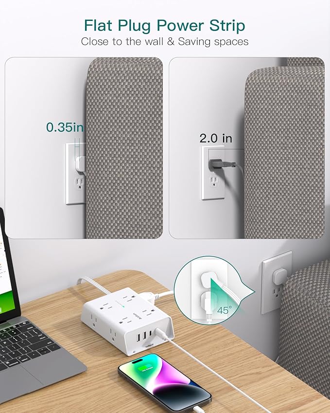 15FT Flat Plug Extension Cord with Multiple Outlets, Surge Protector Power Strip with 8 Outlets 4 USB Ports (2 USB C), Multi Outlet Wall Plug for Home Office College Dorm Room Essentials