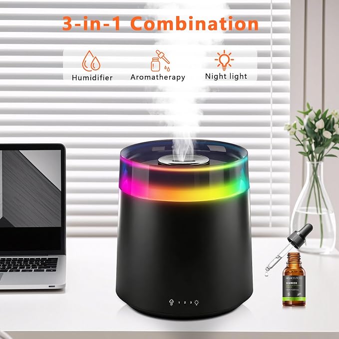 Humidifiers for Bedroom Home,3L Top Fill Cool Mist Humidifier for Baby Nursery,Essential Oil Diffuser for Large Room,3 in 1 Quiet Ultrasonic Humidifier for,Office,Plant,Nursery,BPA FREE(Black)