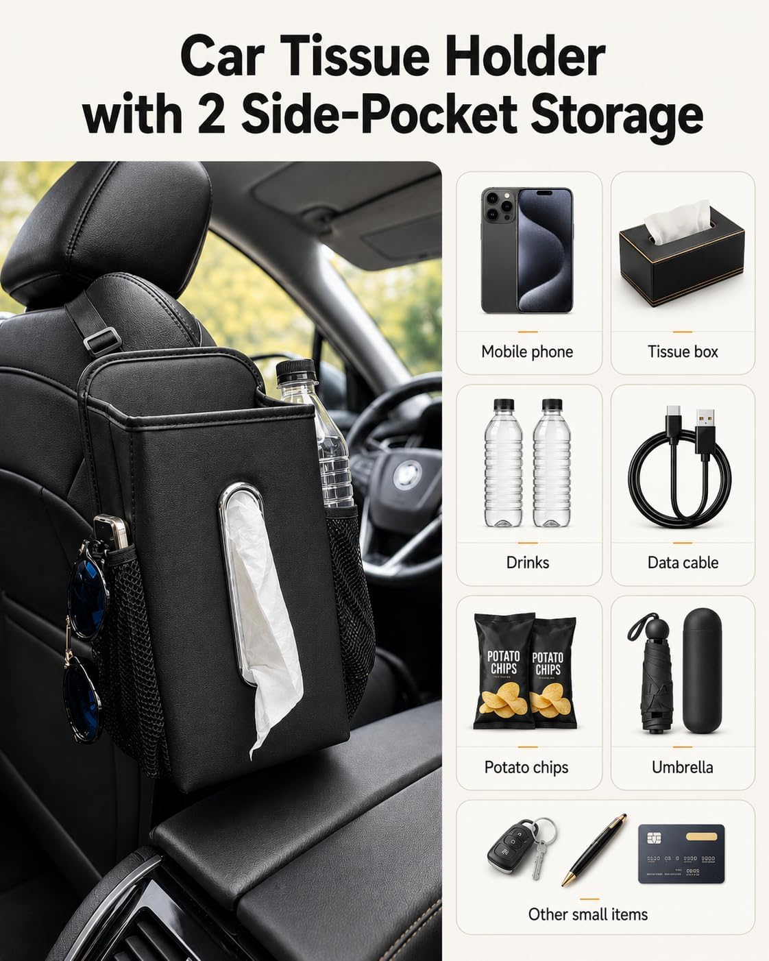 Leather Car Tissue Holder for Front & Back Seats, Car Tissue Box with 2 Side Mesh Pockets, Wide Metal Opening for Easy Pull, Fits 100–160 Count Rectangular Tissue Boxes, Black