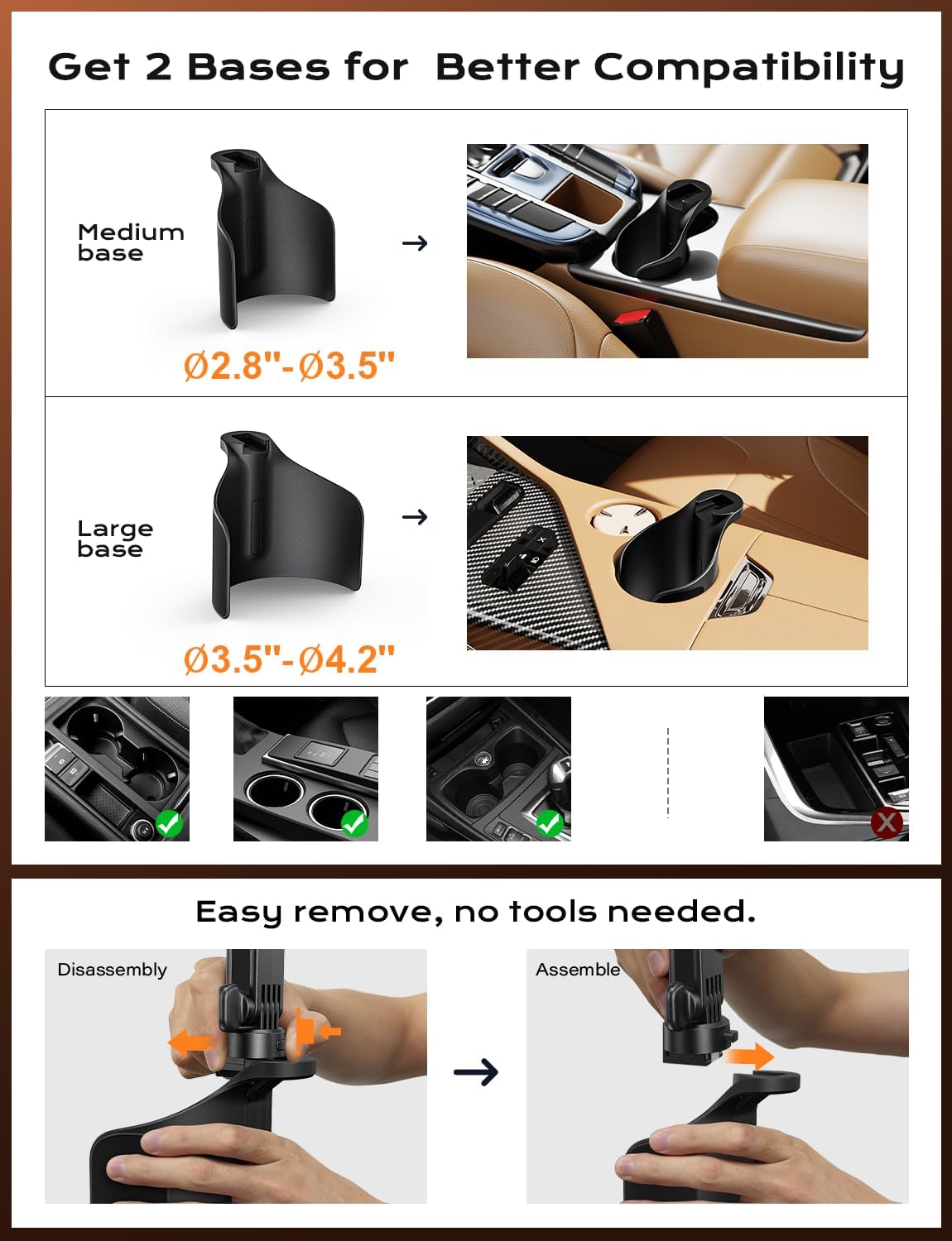 TAZENI 2-in-1 Cup Phone Holder for Car, with 2 Sizes Hollow Bases
