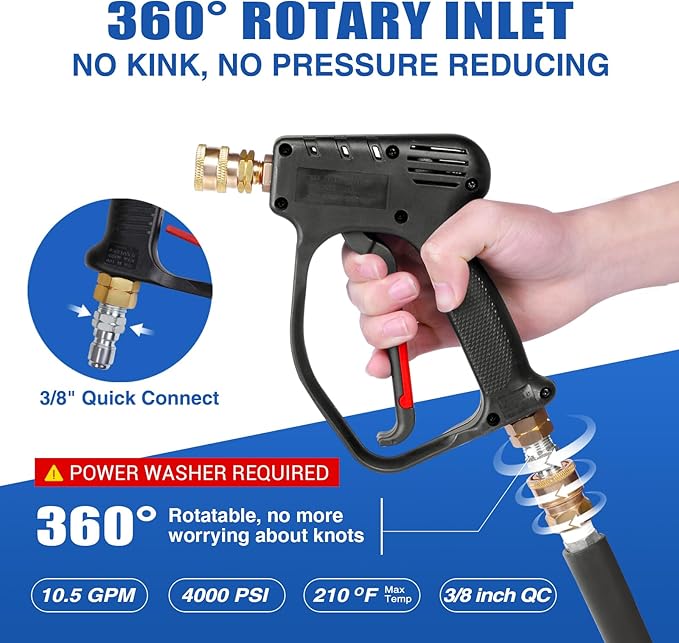 MEKOH Short Pressure Washer Gun, 4000 PSI High Power Washer Spray Gun, 10.5 GPM Foam Gun with 3/8'' Quick Connect, Stubby Pressure Washer Trigger Handle with M22-14mm Adapter for Extension Wand & Hose