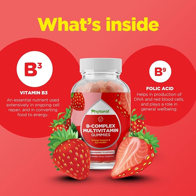 Vitamin B Complex Gummies for Adults & Kids - B Vitamins Complex with Thiamin, Riboflavin, Niacin, 6, 12 and Folate - Blend Supplement for Nervous System Support, Energy & High Strength - 60 Gummies