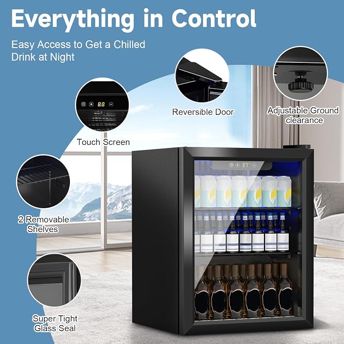 Stopasd Compact Beverage Refrigerator, 1.6 Cu.Ft/70 Can Drink Fridge, with Glass Door, Adjustable Shelves & Digital Display, Quiet Undercounter Small Fridge for Home/Office/Bar/Garage, Black