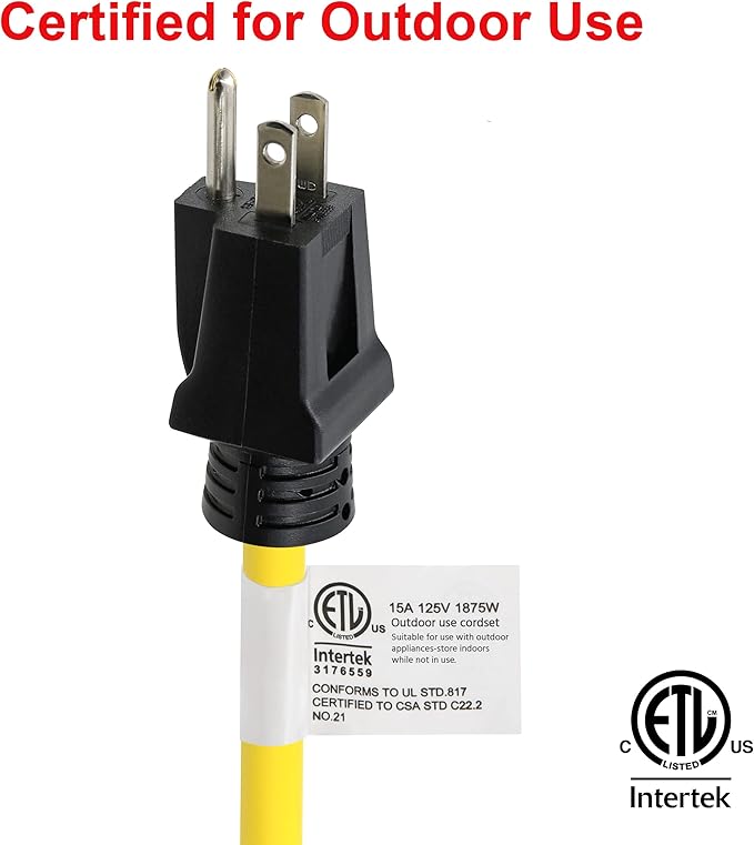 Clear Power 25 ft 12/3 SJTW Heavy Duty Outdoor Extension Cord, Water & Weather Resistant, Flame Retardant, Yellow, 3 Prong Grounded Plug, CP10144