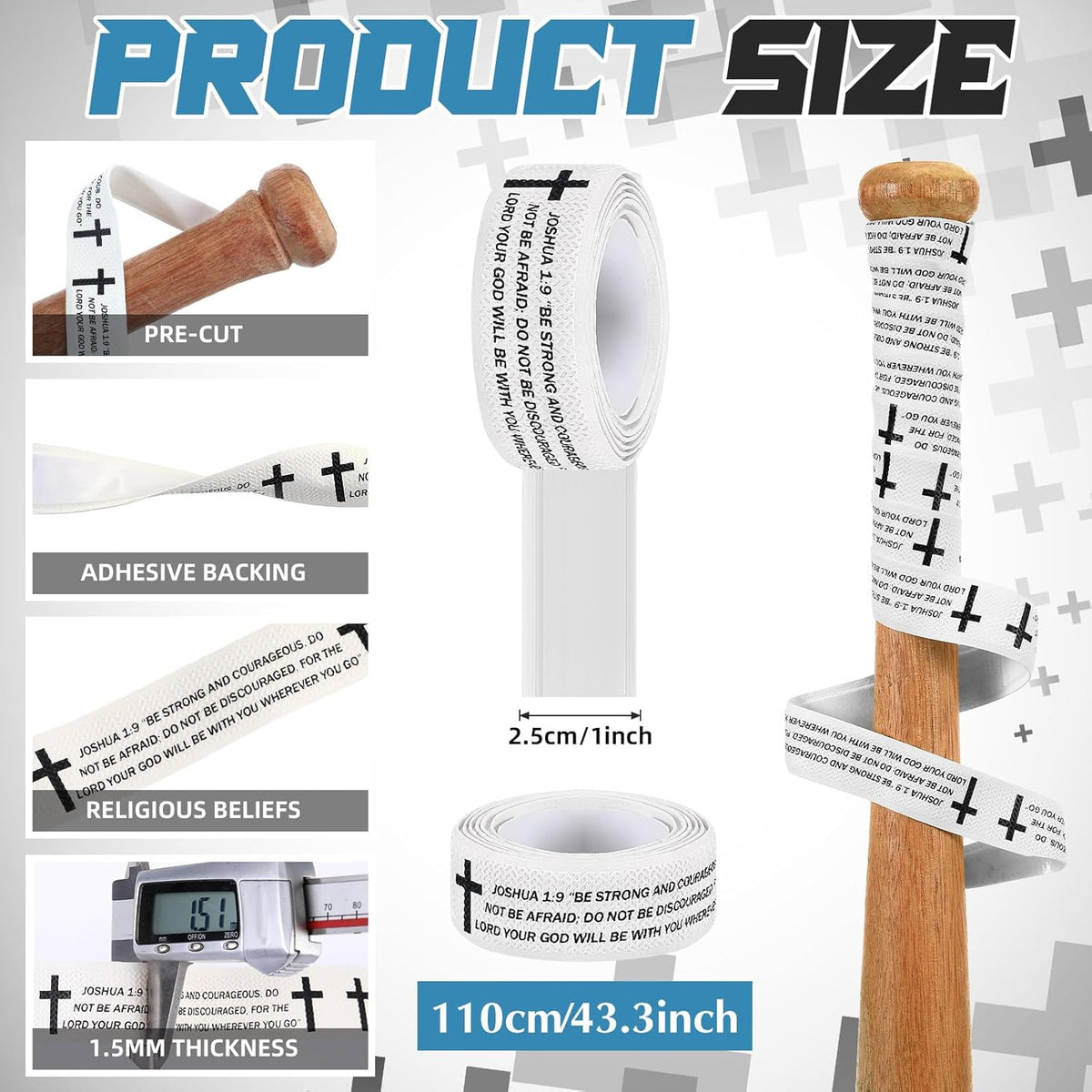 Pushglossy Christian Baseball Bat Grip Tape - 1.5mm Precut Non-Slip Faith Cross Design