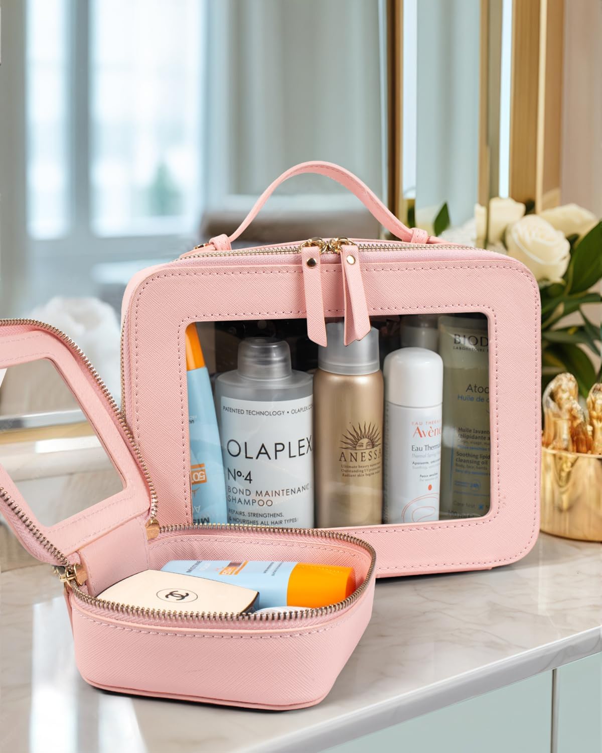 LETGO Clear Makeup Bag Mahjong Tile Bag with Zipper and Handle| Structured Large Travel Makeup Bag for Toiletries for Women,Travel Cosmetic Case,Waterproof PU Leather,Wide Opening