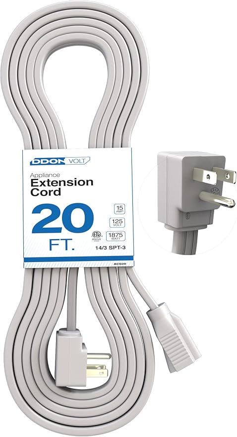 Appliance Extension Cord - 20ft Heavy Duty Gray Extension Wire for Air Conditioner, Refrigerator, & All Major Appliances - 14 Gauge High Voltage 3 Prong Flat-End Appliance Cord, for Indoor use