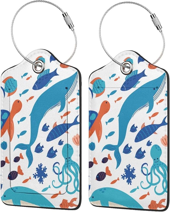 2 Pcs Underwater Ocean Sea of Animals Luggage Tags for Suitcases, Graffiti on Drawn of Marine Creatures Tags Birthday Gifts for Men Women Boy Girl Kid