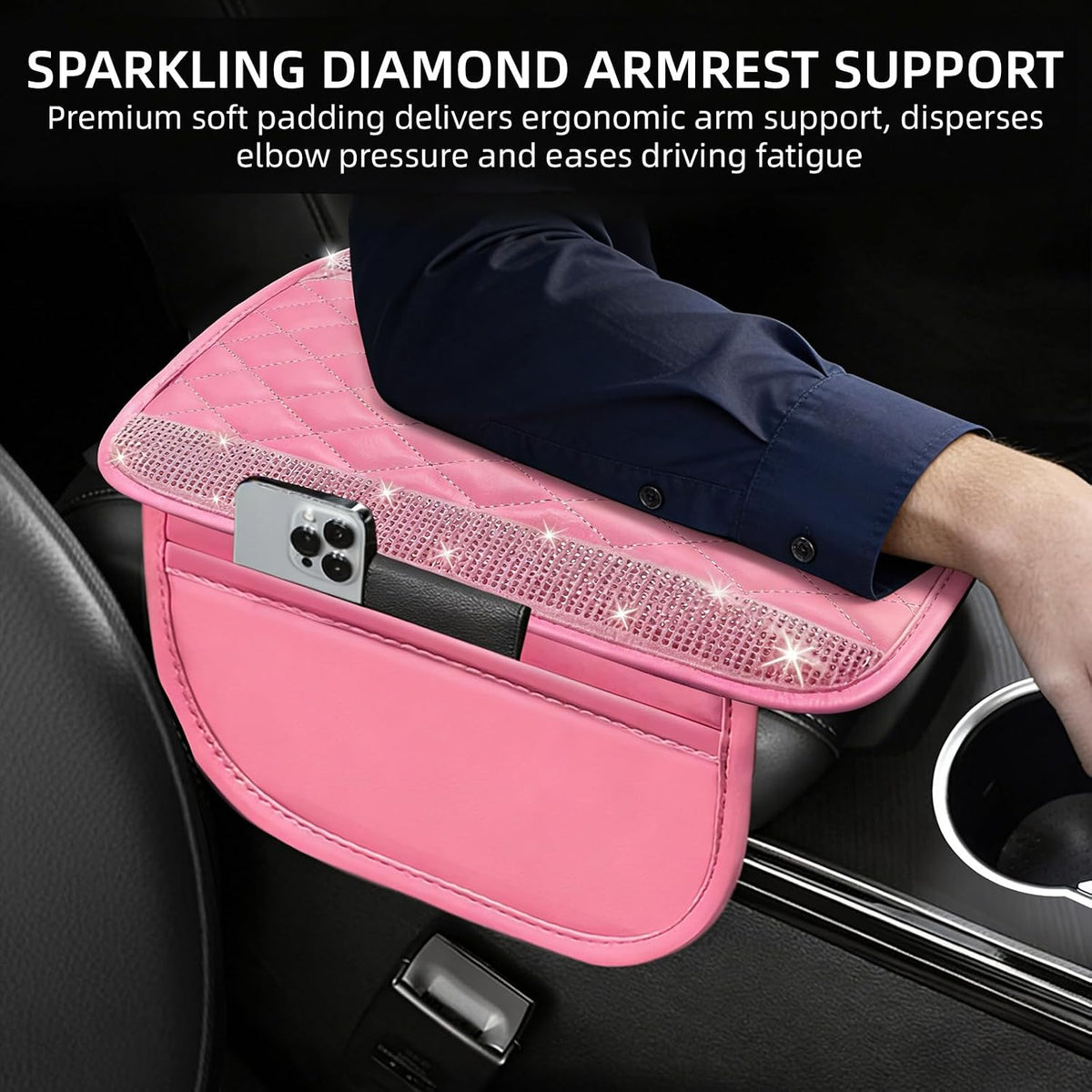 NBTEPEM Bling Pink Car Center Console Cover, Leather Car Arm Rest Cover Cushion with 2 Storage Bags, Middle Console Cover Universal Armrest Protector Pads, Pink Bling Accessories for Most Vehicles