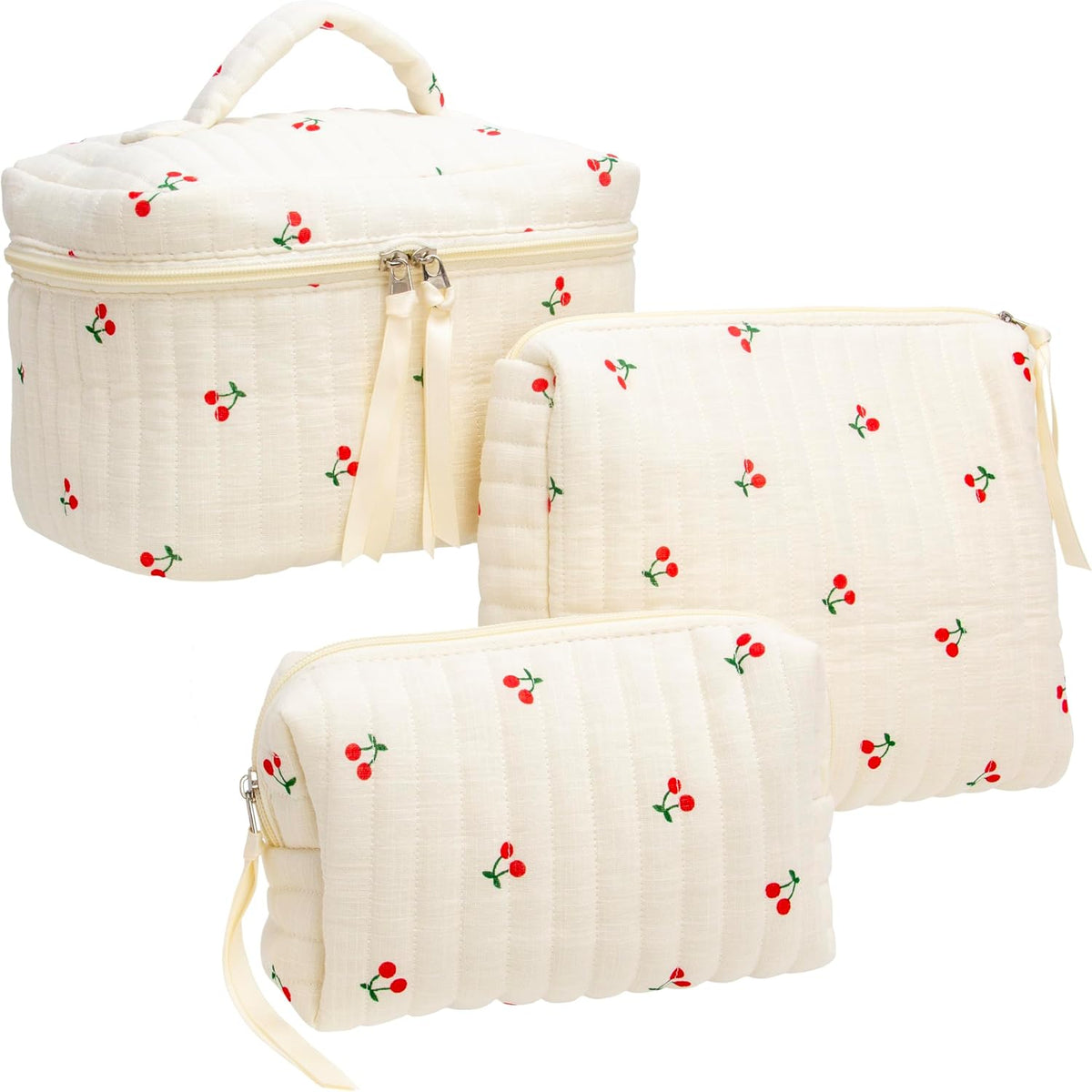 3 Piece Quilted Makeup Bag Set for Women,Cosmetic&Toiletry Bag,Cherry Beige