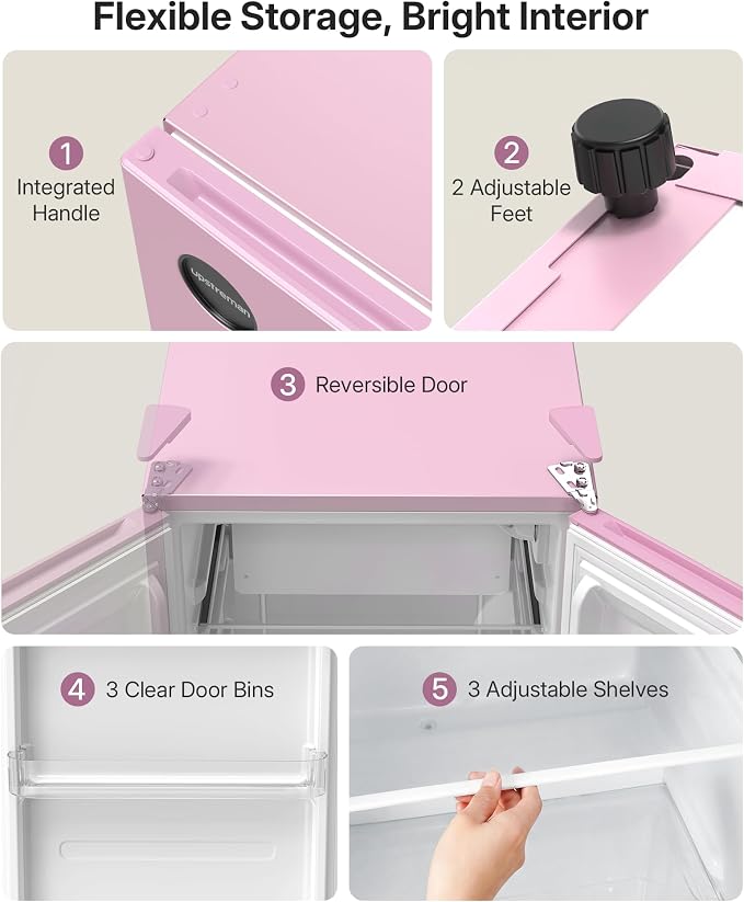 Upstreman 3.2 Cu.Ft All-Refrigerator Mini Fridge, Pink-CR32 | Petal Pink Finish, 7-Level Thermostat, ENERGY STAR Certified, Reversible Door, Small Fridge for Office, Bedroom or Dorm