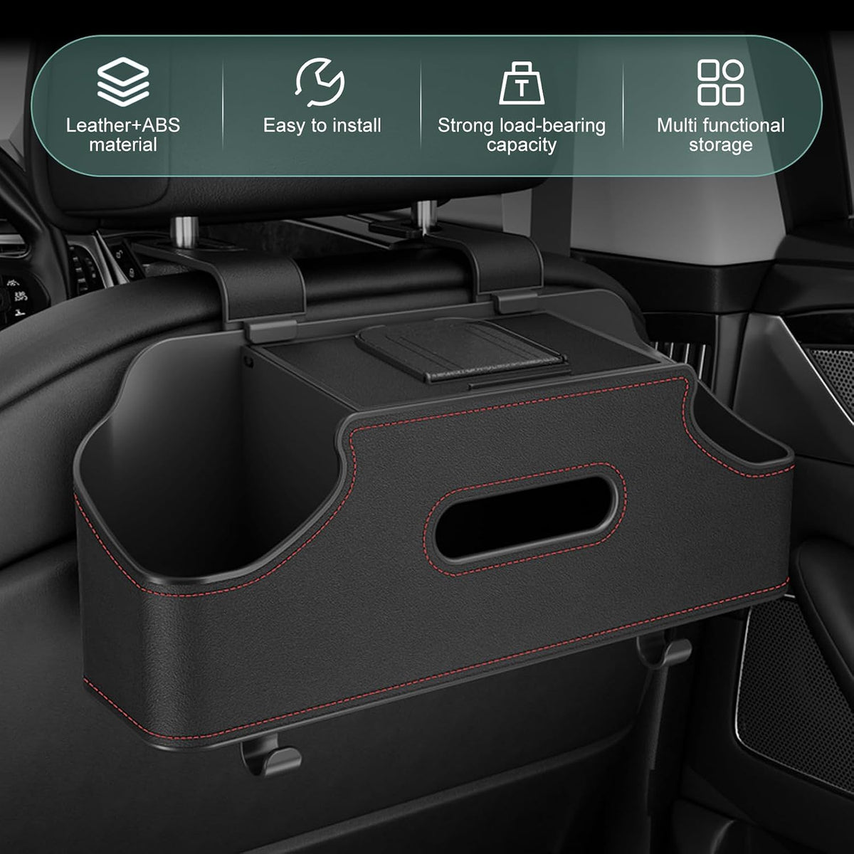Car Seatback Organizer with Cup Holder, Leather Headseat Tissue Box and Storage Box, Multifunction Auto Rear-mounted Mobile Phone Holder, for Most Cars (Black)