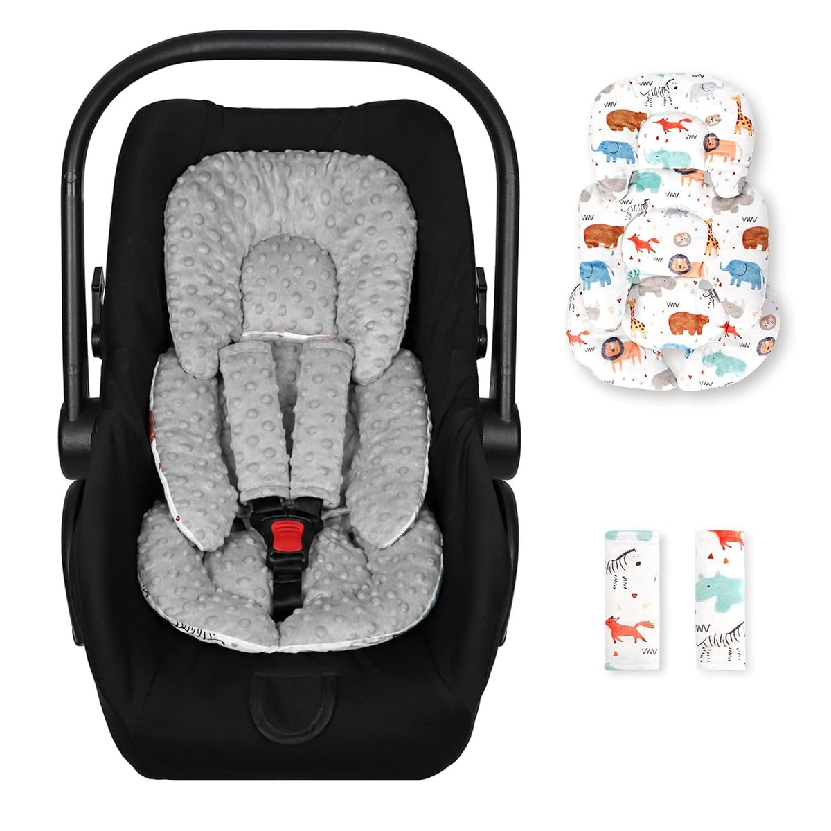 Infant Car Seat Insert, Car Seat Head Support Baby with 2 Covers, Ultra-Soft Newborn Carseat Insert, Perfect for Car Seat, Stroller, Swing, Animals
