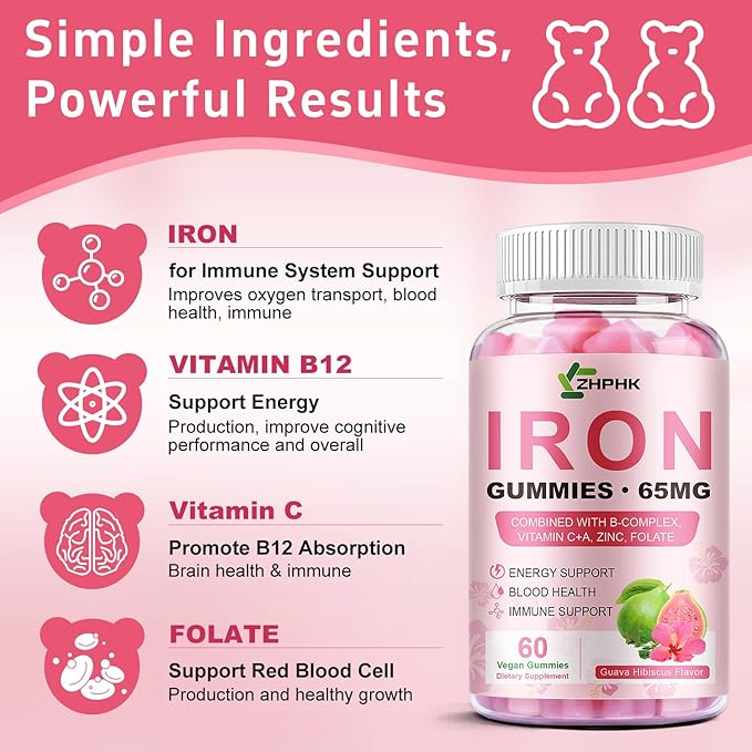 Iron Gummies Vitamin Supplement 65mg & Vitamin C 250mg per Serving with B6 B12 Folate- Energy Support for Iron Deficiency, Anemia, Vegan Guava Hibiscus Flavor, 60 Count