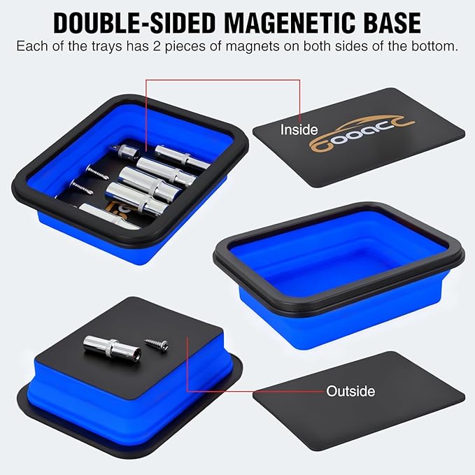 GOOACC 3 Sizes Collapsible Magnetic Parts Tray Set Blue Silicone Foldable Tool Trays Organizer for Screws Bolts Nuts Pins Washers and Other Small Metal Parts Double Sided Magnet Base