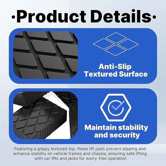 4 Pack 6-3/8" x 4-3/4" x 2" Solid Rubber Auto Lift Block Pads, Heavy-Duty Rubber Blocks for Car Lift Pads, Lift Blocks, Camper Stabilizer Jack Pads-Anti-Slip Texture,3000lb Capacity