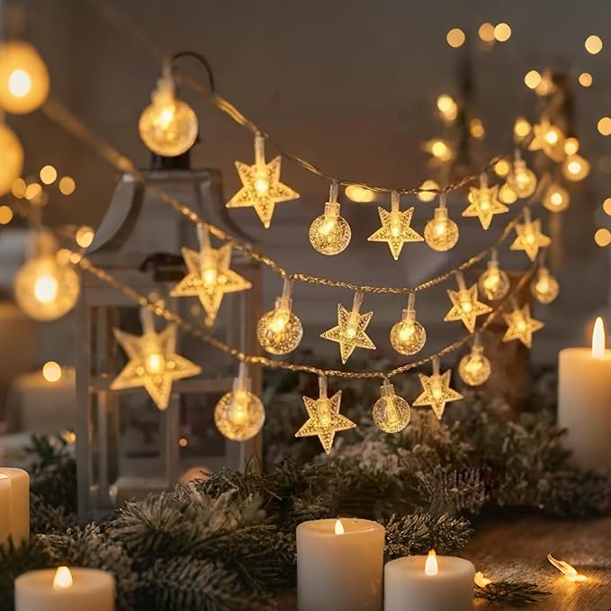 Globe/Star Fairy Lights Battery Operated 17ft 50LED String Lights with Remote Waterproof Indoor Outdoor Hanging Decorative Christmas Lights for Home Party Patio Garden Wedding