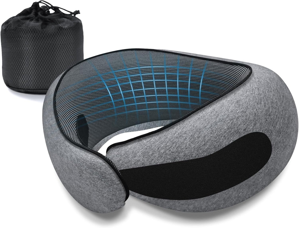 Neck Travel Pillows for Airplanes Memory Foam Neck Comfort Pillow Compact Ergonomic Design Sleeping Essentials for Long Flights Car Rides and Home Use (Grey)