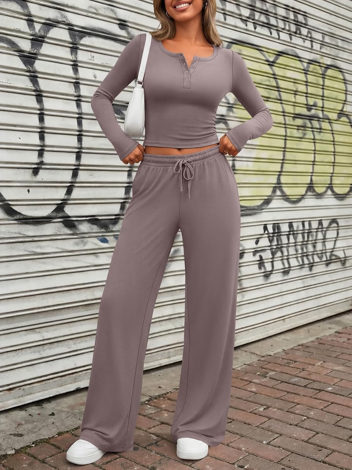 Trendy Queen Women's Lounge Set - Long Sleeve Crop Top & Wide Leg Pants | Casual Comfort
