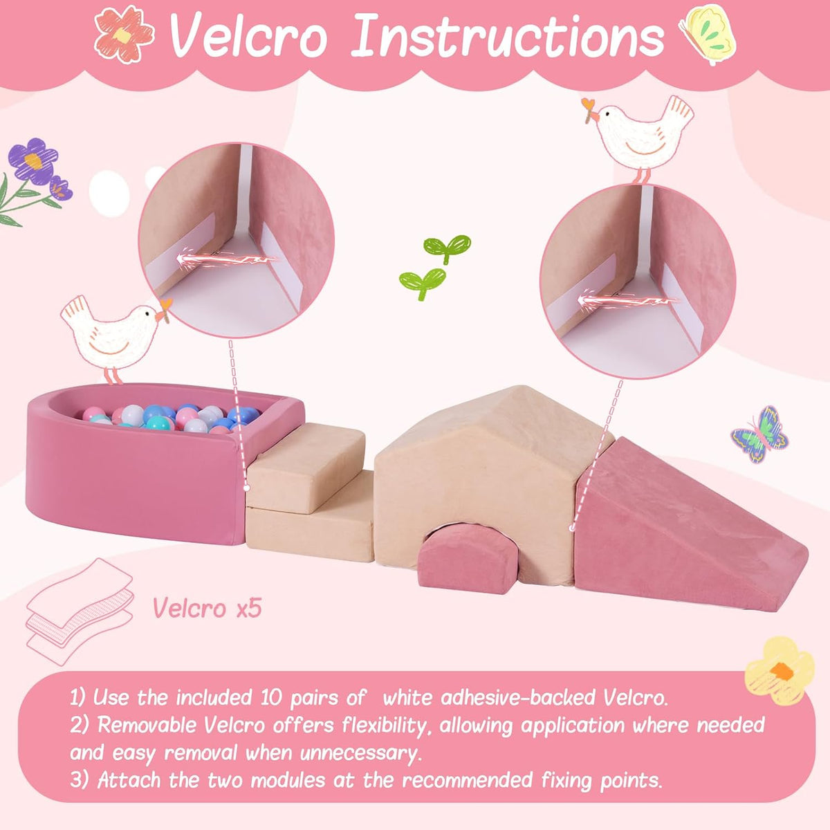 Skiennix 5-Piece Foam Climbing Blocks - Mini House-Shaped Soft Play Set with Ball Pit | Pink & Beige