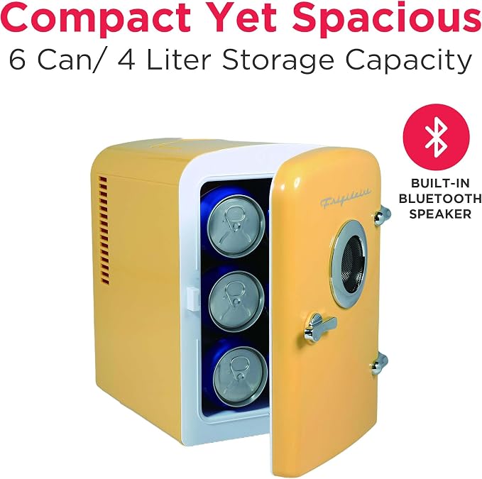 Frigidaire Curtis EFMIS151 Mini Portable Compact Personal Cooler Fridge, 4 Liter Capacity, 6 Cans, Makeup, Skincare, Freon-Free & Eco Friendly, Includes Home Plug & 12V Car Charger, Yellow