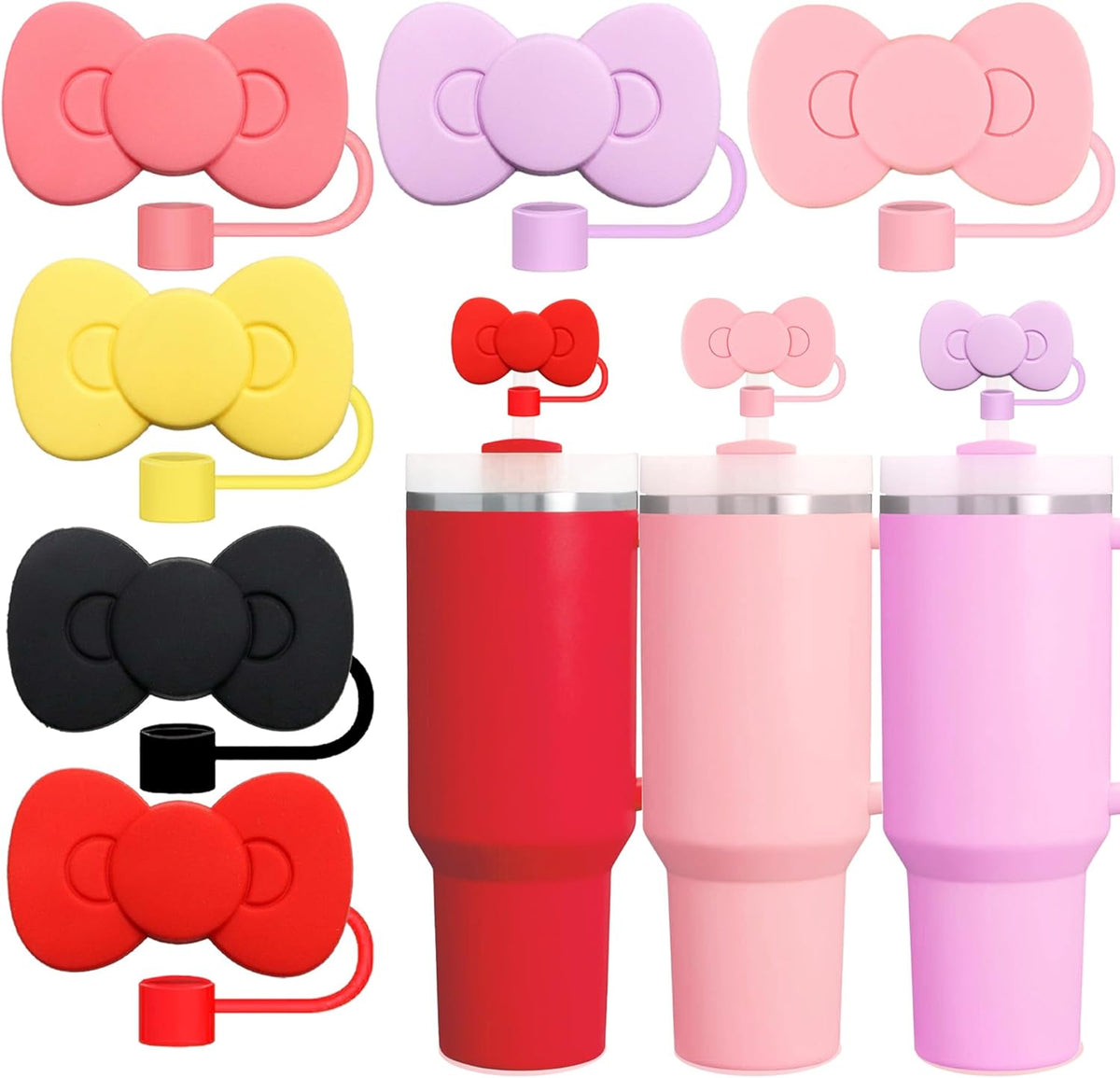 Skiennix Cute Bow Silicone Straw Toppers - 6 Bow-Shaped Covers for Stanley Cups 30 & 40 Oz Tumbler