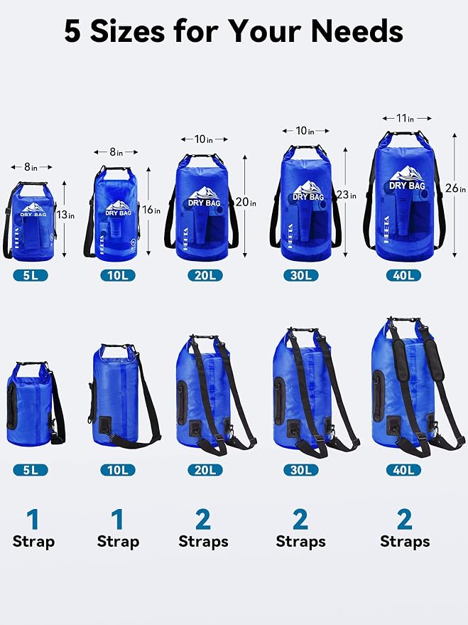 HEETA Dry Bag Waterproof for Women Men, 5L/10L/20L/30L/40L Roll Top Lightweight