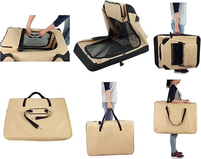 EliteField 3-Door Folding Soft Dog Crate with Carrying Bag and Fleece Bed (2 Year Warranty), Indoor & Outdoor Pet Home (24" L x 18" W x 21" H, Beige)